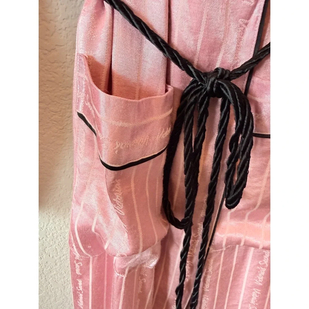 Victoria Secret Satin Robe Womens Small Pink Stripe Kimono Tassel Belt Lounge